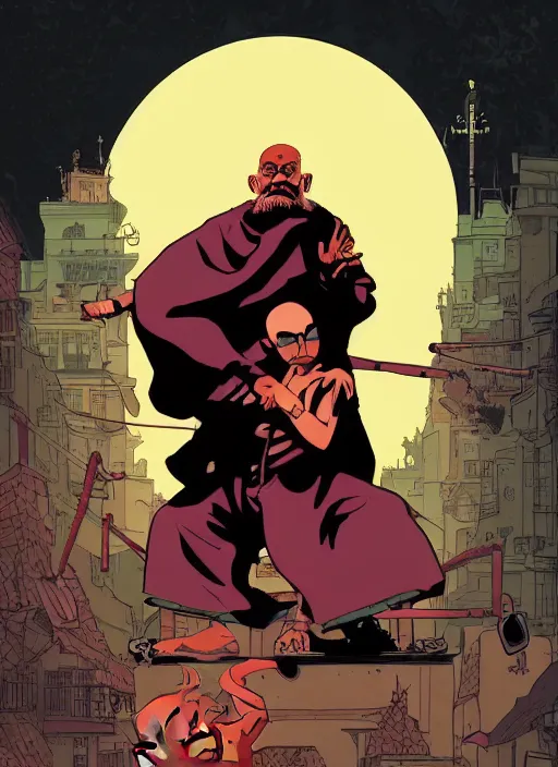 Prompt: Old wise Monk guiding a Lost Soul through Limbo, in the Style of Tomer Hanuka and Mike Mignola, Comic Cover, vibrant colors, trending on artstation