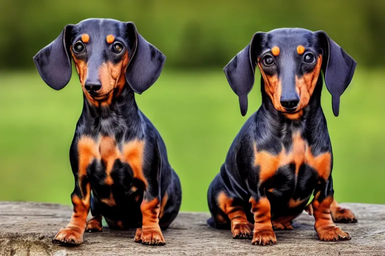 Image similar to Photo of a two-headed dachshund, portrait, 3/4 view, Refined, Detailed professional photo, 50mm lens, Canon eos, blurry distant background, Highly Detailed, Cinematic Lighting, 8k