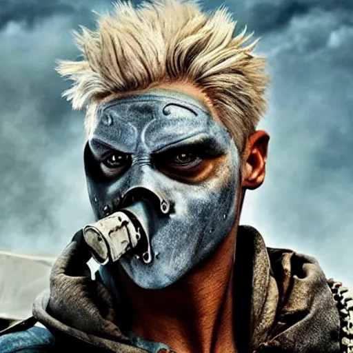 Image similar to xqc as immortan joe in mad max fury road, 4k, high detail, high-resolution photograph, professional photography, ultra-detail