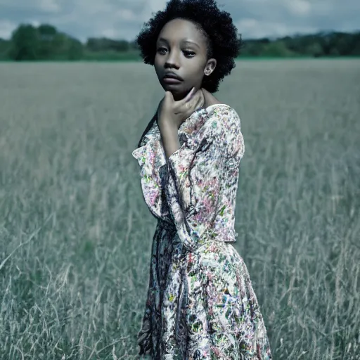 Image similar to realistic!!! photoshoot for a new dior lookbook, color film photography, portrait of a beautiful woman, location on a open field, in style of tyler mitchell, 35mm