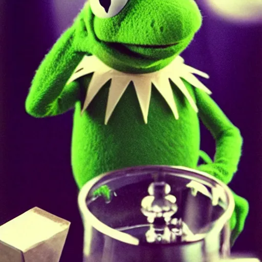 Prompt: kermit the frog smoking out of a bong in the movie ted, kermit the frog ripping a bong, polaroid photo