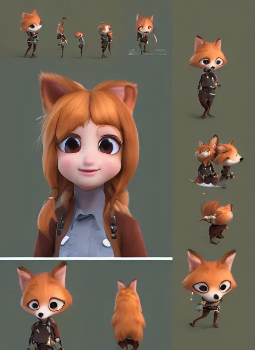 Image similar to female explorer mini cute girl, adoptable, highly detailed, rendered, ray - tracing, cgi animated, 3 d demo reel avatar, style of maple story and zootopia, maple story indiana jones, fluffy fox ears, dark skin, cool clothes, soft shade, soft lighting, portrait pose