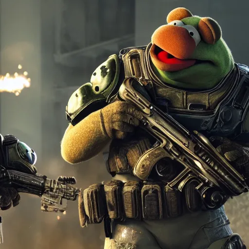 Image similar to the muppets in gears of war, splash art, movie still, cinematic lighting, dramatic, octane render, long lens, shallow depth of field, bokeh, anamorphic lens flare, 8 k, hyper detailed, 3 5 mm film grain