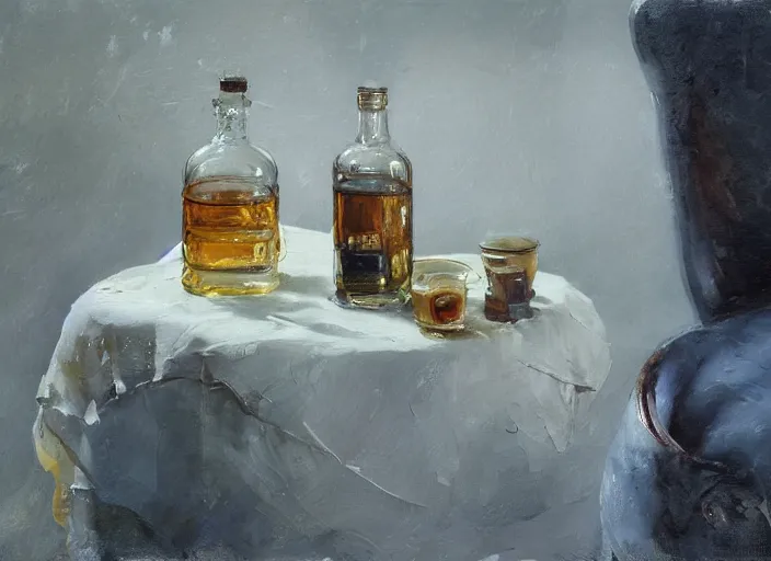 Image similar to palette knife, impasto oil painting of whiskey bottle by cordelia wilson, thick paint brush strokes, art by anders zorn, wonderful masterpiece by greg rutkowski, beautiful cinematic light, american romanticism by greg manchess, creation by tyler edlin