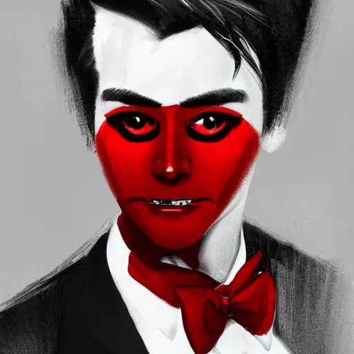 Prompt: full face shot of a handsome butler with straight black hair, a red streak in his hair, with black and red eyes, shy smile, fancy, ultra detailed, brush strokes, digital painting, cinematic, wlop artstation, pixiv, yoshitaka amano, andy warhol, ultra realistic,