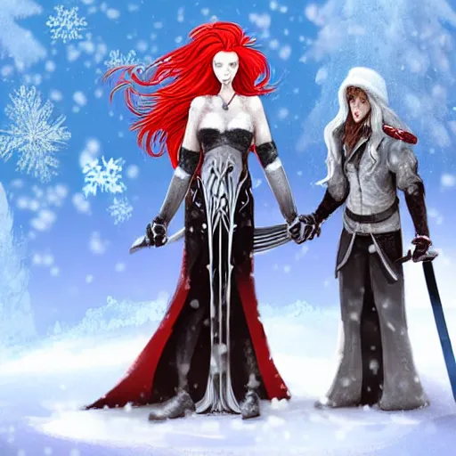 Image similar to A woman and a man are standing in the snow, the woman is leaning against the man, the man has long red hair, the woman has blonde long hair, the man has a red thick sword, the woman has a thin, long sword, a tree almost fully covered in bulky snow, concept art by Fabien Charuau, trending on pixiv, fantasy art, official art, wiccan, concept art, 4k, sharp details