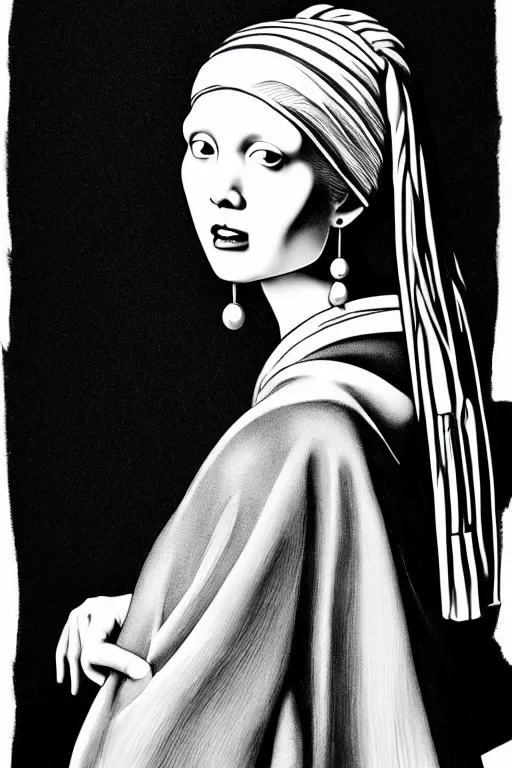 Prompt: beautiful portrait of a woman, negative no not the girl with a pearl earring, highly detailed ink illustration, b & w clean shaped illustration by kim jung gi, ric estrada, ron english and eiichiro oda