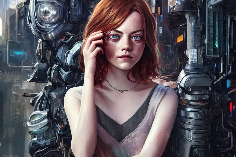 Prompt: Ultra realistic illustration, two Emma Stone + Emma Watson seducing a robot, cyberpunk, sci-fi, fantasy, intricate, elegant, highly detailed, digital painting, artstation, concept art, smooth, sharp focus, illustration, art by artgerm and greg rutkowski and alphonse mucha