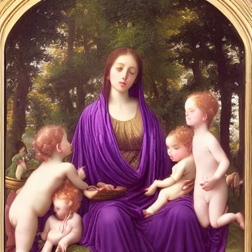 Prompt: Rapphaelaen Madonna in purple velvet holding a child, Bougereau nymphs around, forest with dark trees, 1k