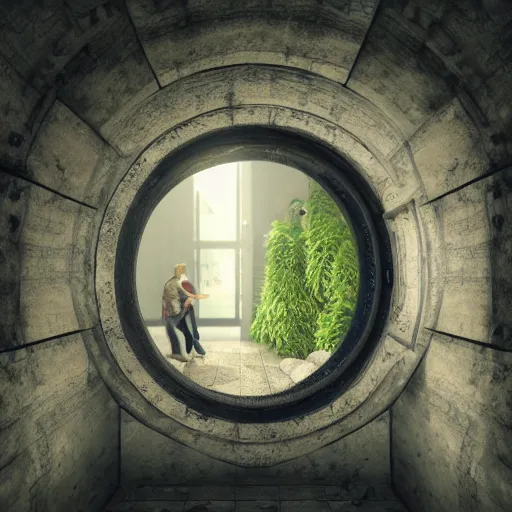 Image similar to looking through a portal, hyperrealistic, 8 k, octane render, unreal engine, highly detailed, a real photographic, digital art, 8 k, realistic, ocatne render