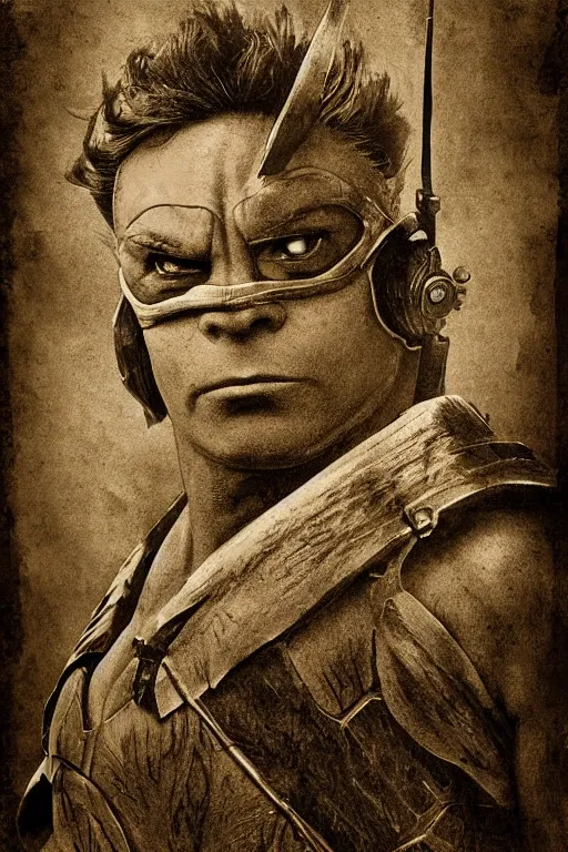 Prompt: leonardo from teenage mutant ninja turtles, portrait, full body, symmetrical features, silver iodide, 1 8 8 0 photograph, sepia tone, aged paper, sergio leone, master prime lenses, cinematic