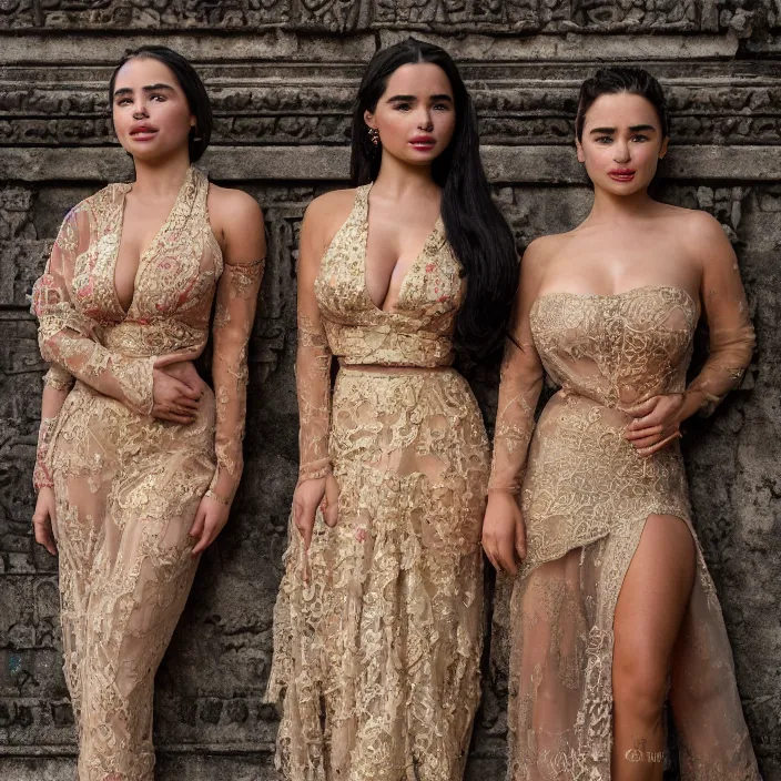 Prompt: photograph of a bas relief of demi rose and emilia clarke wearing kebaya found in an ancient hindu temple, by charlotte grimm, natural light, detailed face, canon eos c 3 0 0, ƒ 1. 8, 3 5 mm, 8 k, medium - format print, half body shot