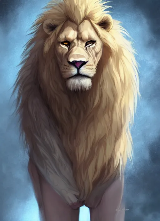 Image similar to aesthetic portrait commission of a of a male fully furry muscular anthro albino lion blindfolded in an asylumn horror art. Character design by charlie bowater, ross tran, artgerm, and makoto shinkai, detailed, inked, western comic book art, award winning film poster painting