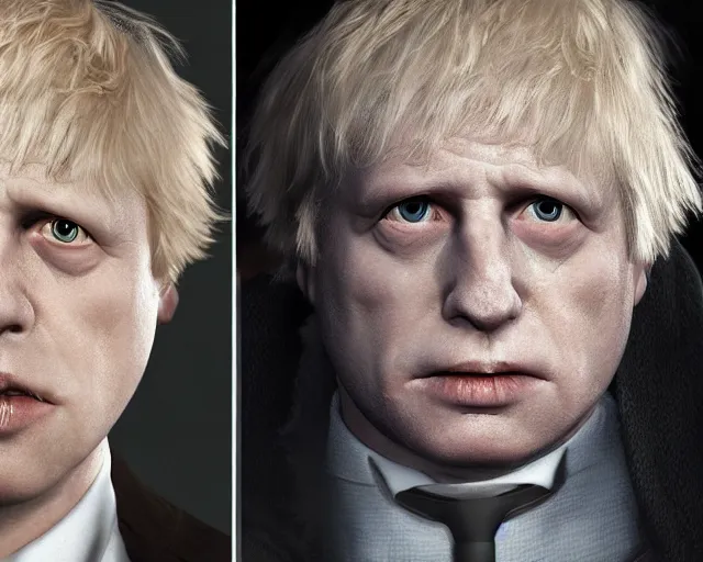 Image similar to boris johnson vs voldemort, character art, by various concept artists, redshift render, hyperrealistic face, photorealistic render