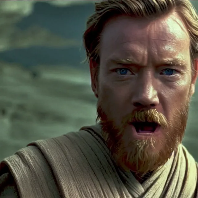 Image similar to still image of obi - wan kenobi sticking out his tongue and crossing his eyes, ewan mcgregor, live - action, star wars movie, cinematic