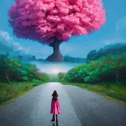 Image similar to giant cherry tree as a head, girl walking in a canyon, surreal photography, sunrise, dramatic light, impressionist painting, colorful clouds, digital painting, artstation, simon stalenhag