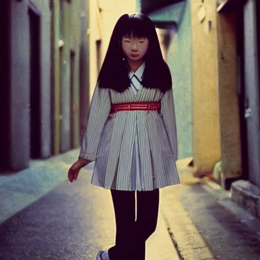 Image similar to 1990s perfect 8K HD professional cinematic photo of a japanese schoolgirl, in sci-fi alleyway at evening, at instagram, Behance, Adobe Lightroom, with instagram filters, depth of field, taken with polaroid kodak portra