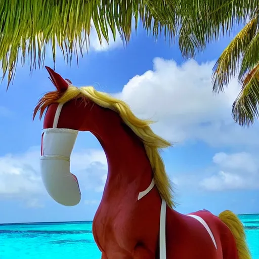 Image similar to a cartoon horse got on a plane and went to the maldives