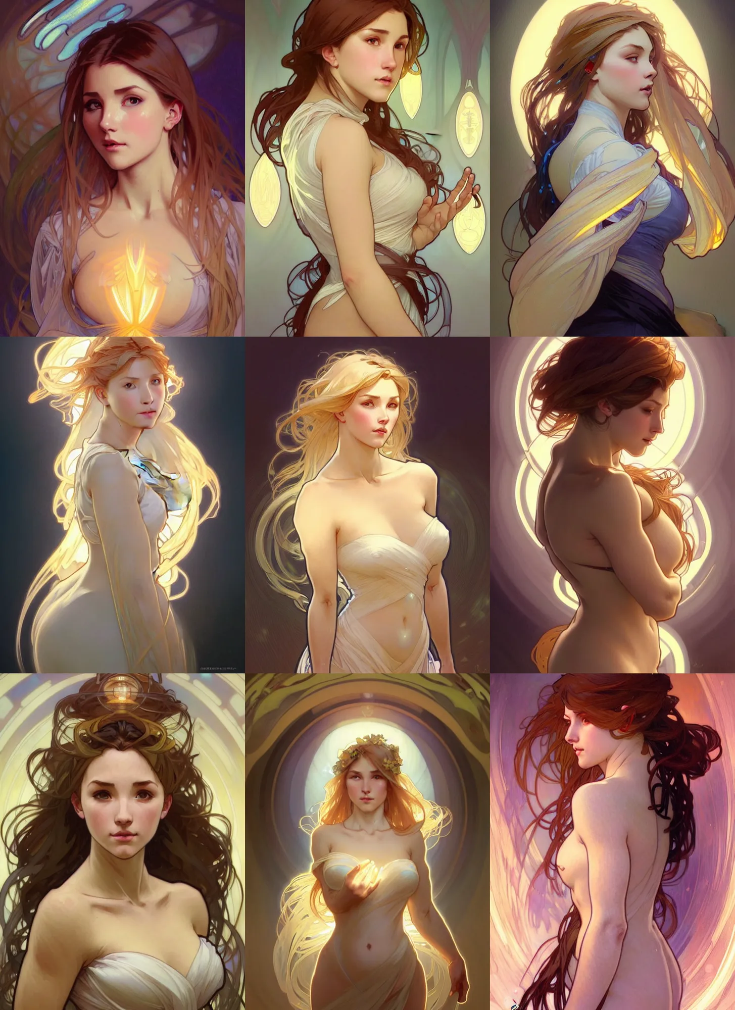 Image similar to digital character concept art by artgerm and greg rutkowski and alphonse mucha. clear portrait of a modern young wife blessed by god to unstoppably grow more perfect and fertile!! blonde, in clothes! holy full - figured! emotive, light effect. hyper detailed, glowing lights!! intricate, elegant, digital painting, artstation, smooth, sharp focus