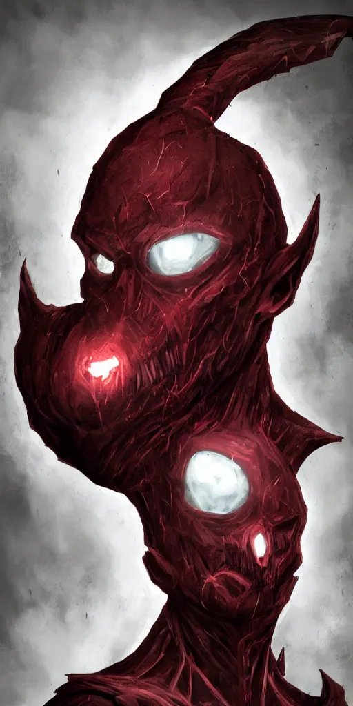 Prompt: portrait of an intimidating glowing scary giant, face and skin is dark red, glowing eyes, glowing veins of white, hero, villain, concept art, centered