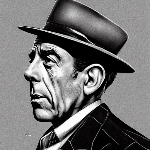 Image similar to humphrey bogart as film noir detective, portrait, highly detailed, digital painting, artstation, concept art, sharp focus, illustration, art , style of Walter Martin Baumhofer