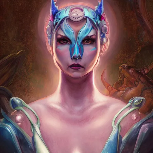 Image similar to Masterpiece head and shoulders portrait of Fiora from League of Legends of Arcane animated Series as demon with glowing eyes with pink and blue short hair and arcane armor drawn by Donato Giancola and Tom Bagshaw, Edmund Leighton, Alphonse Mucha, background by James Jean and Gustav Klimt, 4k, porcelain skin, volumetric lighting, komorebi, french nouveau, trending on artstation, octane render, hyperrealistic