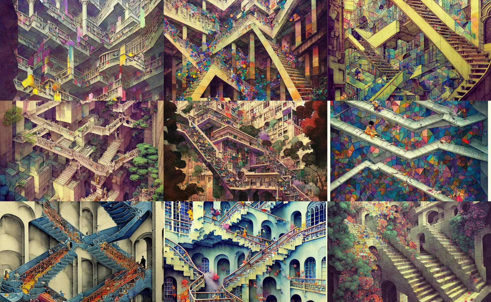 Prompt: mc escher staircase geometrically impossible beautiful architecture, fantasy. intricate, amazing composition, colorful watercolor, by ruan jia, by maxfield parrish, by hikari shimoda, by robert hubert, by zhang kechun, beautiful elaborate illustration