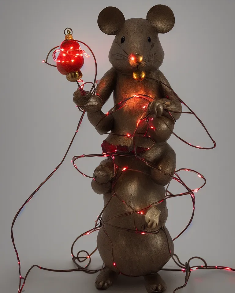 Image similar to a statue of a proud mouse standing on two legs and holding a round bell made of christmas lights and wire, trending on artstation, sigma 5 0, hyper realisitic