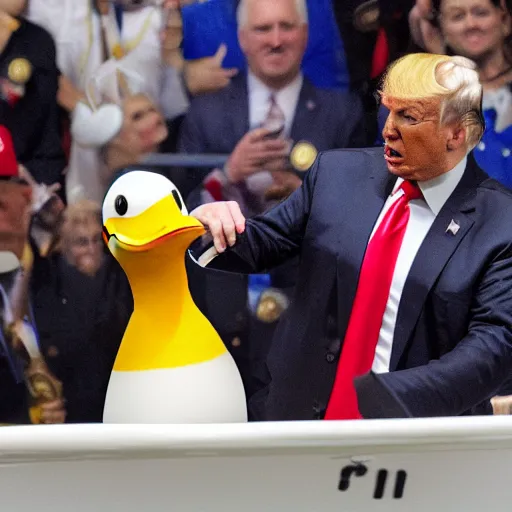 Image similar to donald trump riding a duck