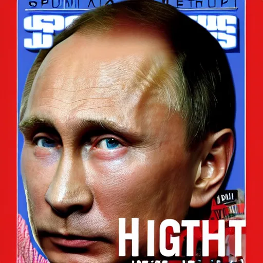 Prompt: vladimir putin on the cover of sports illustrated swimsuit edition, magazine cover, high definition