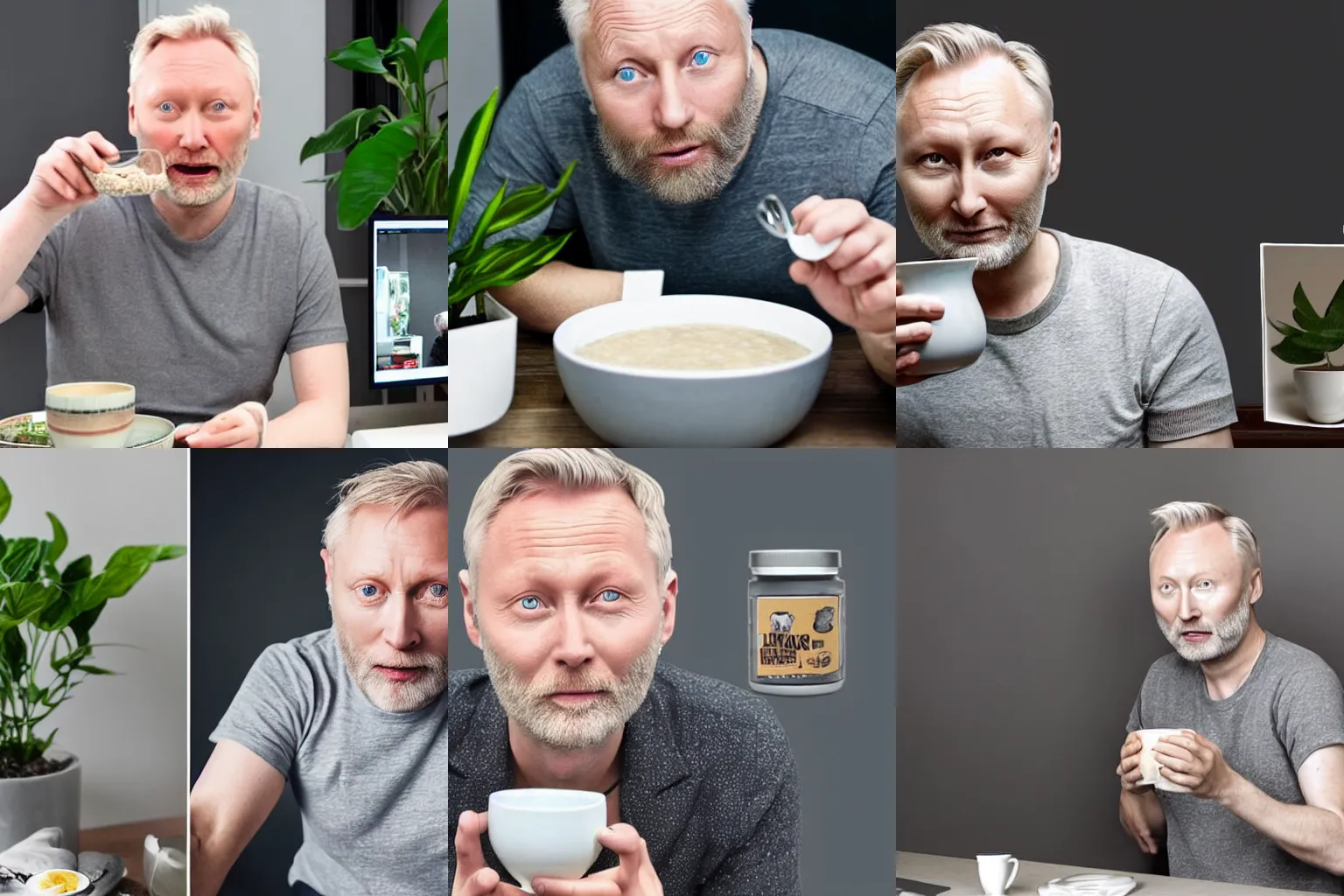 Prompt: a handsome white man with grey hair that looks exactly like limmy and lars mikkelsen wearing a grey tshirt eating a bowl of porridge beside a desktop pc in a dark grey room with house plants