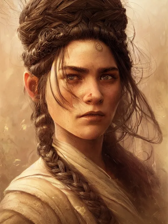Prompt: a ultradetailed beautiful portrait of a very charismatic dwarf warrior women from tolkien with a beautiful braided beard, high resolution 4 k, by tom bagshaw, greg rutkowski, charli bowater