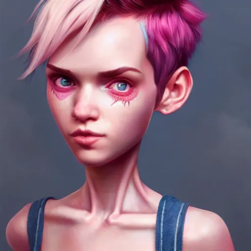 Image similar to full body pose, pixar, beautiful androgynous girl, pink pixie cut hair, torn overalls, short shorts, combat boots, fishnets, beautiful, highly detailed face, true anatomy!, extremely detailed!, digital painting, unreal engine 5, art by tom bagshaw