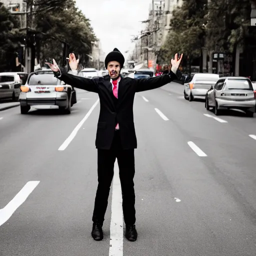 Prompt: a man standing on one leg in the middle of the street, holding up traffic, photography