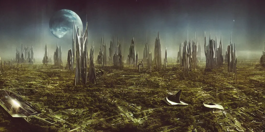 Image similar to future forest city attacked by spaceship, trees, plant, broken buildings, doom of the gods, monster, gravity mess, star trek, glory war, photograph, by arthur haas and bruce pennington and john schoenherr, cinematic matte painting, zaha hadid building, photo realism, dark moody color palate, blue hour stars, desolate glacial landscape,