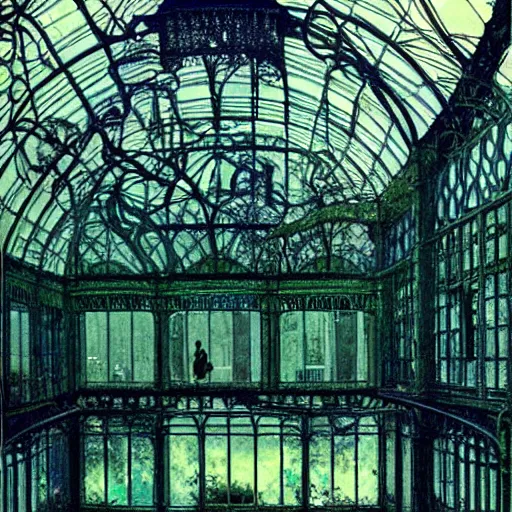 Image similar to a beautiful painting of an eerie hovering ghost inside a large overgrown victorian greenhouse with large windows, warm lights, evening, stunningly beautiful art nouveau architecture, by john atkinson grimshaw