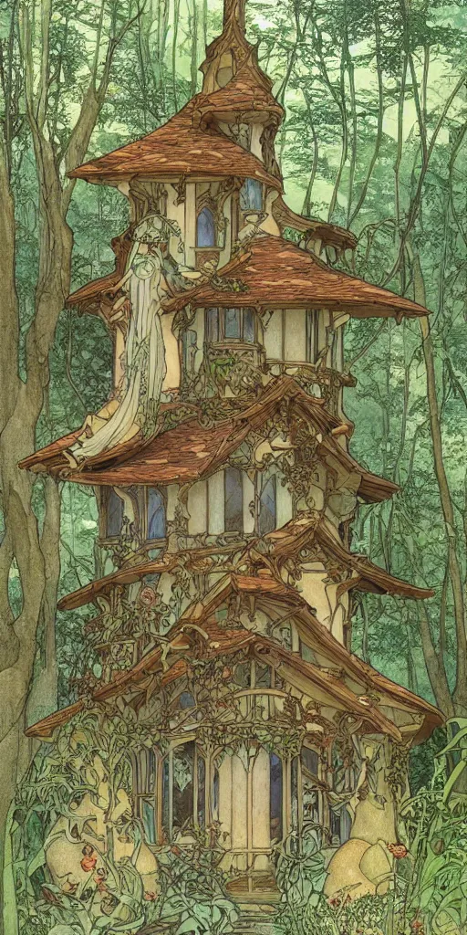 Image similar to an elvish Fairy house in the Woods, fantasy, art nouveau, architecture, daylight, warm light, spring, studio ghibli, Moebius, alphonse mucha, siya oum, ultra detailed, High definition, Sharp