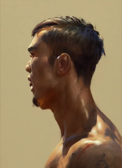 Prompt: greg manchess side portrait of a filipino mma fighter struck by a sword, organic painting, sunny day, matte painting, bold shapes, hard edges, street art, trending on artstation, by huang guangjian, gil elvgren, ruan jia, randy vargas, greg rutkowski