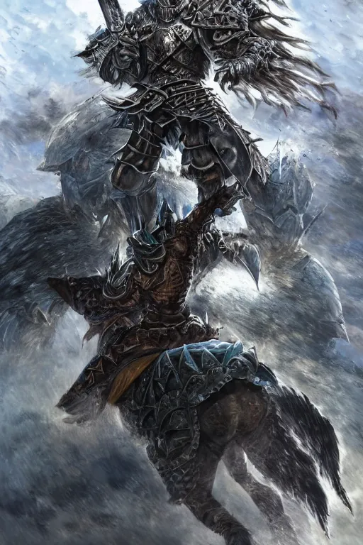 Image similar to a full body shot of an azure knight warrior by Kentaro Miura, Wolf themed armour, colored by Ronda Pattison, heavy armor, kingdom under fire in the background, dark colors, highly detailed, trending on artstation, CGsociety, exquisite detail, post-processing, masterpiece, volumetric lighting, cinematic, hypermaximalistic, high details, cinematic, 8k resolution, beautiful detailed, insanely intricate details