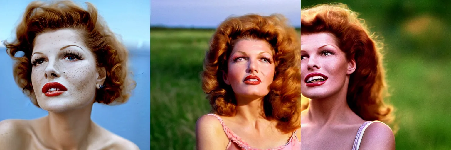 Prompt: natural 8 k close up shot of rita hayworth with freckles, natural skin and beauty spots in a 2 0 0 5 romantic comedy by sam mendes. she stands and looks on the horizon with winds moving her hair. fuzzy blue sky in the background. no make - up, no lipstick, small details, wrinkles, natural lighting, 8 5 mm lenses, sharp focus