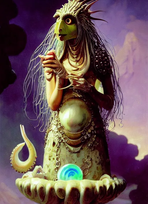 Prompt: cinematic portrait photo of the half ammonite dark crystal skeksis ramona flowers with wet hair dressed in mother of pearl armor, biting into a juicy squid snack, ryden, kawase hasui, dorothea tanning, edward hopper and james gilleard, aivazovsky, beksinski, outram, artstation