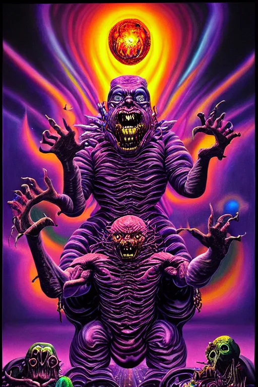 Prompt: a hyperrealistic painting of an epic boss fight against an ornate supreme telekinetic psychic dark overlord, cinematic horror by chris cunningham, lisa frank, richard corben, highly detailed, vivid color,