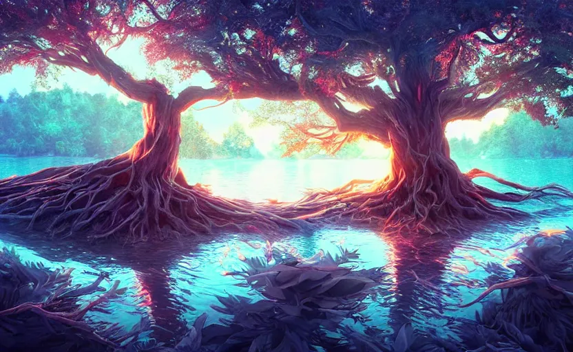 Image similar to twisted root magical tree in the middle of a lake with natural throne, anime inspired, hyper realistic, dramatic lighting, glowing leaves, 8k hdr pixiv dslr photo by Makoto Shinkai ilya kuvshinov and Wojtek Fus, digital art, concept art,