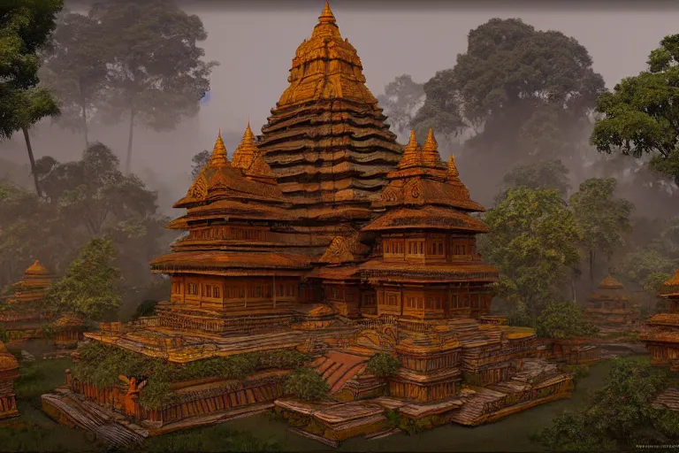 Image similar to Wooden ancient hindu city on the jungle, by Rebecca Guay and James Gurney | digital art | trending on artstation | UHD 8k CryEngine