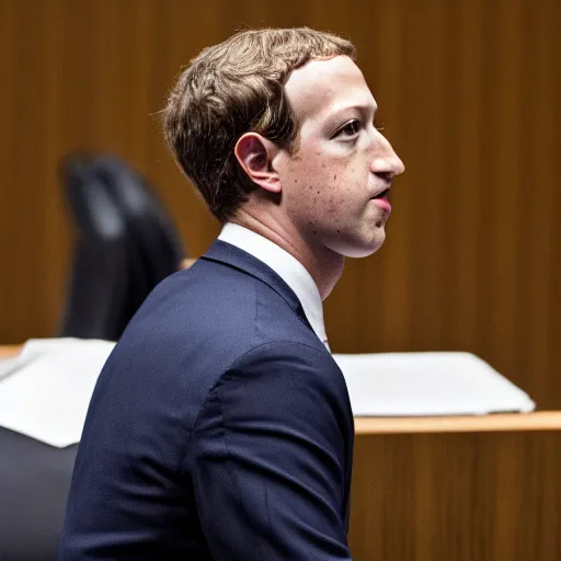 Image similar to disappointed mark zuckerberg on his trial at the hague