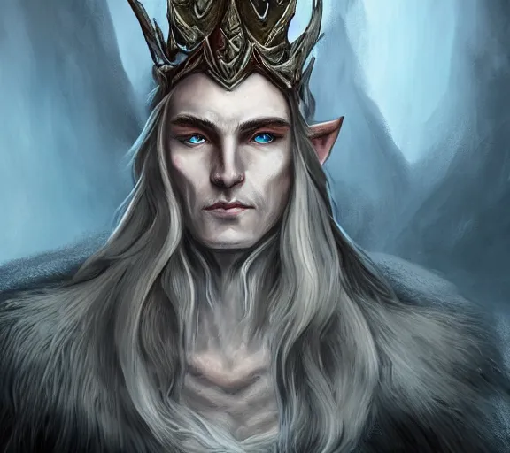 Prompt: Portrait of a powerful Elven King in the style of Icewind Dale portraits; masterpiece; trending on artstation; f/1.4; 90mm