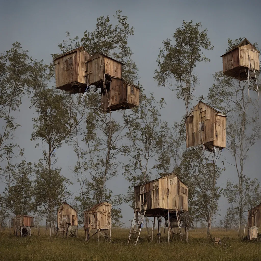 Image similar to two high towers made up of makeshift squatter shacks with faded colours, plain uniform sky at the back, misty, mamiya, ultra sharp, very detailed, photographed by julie blackmon