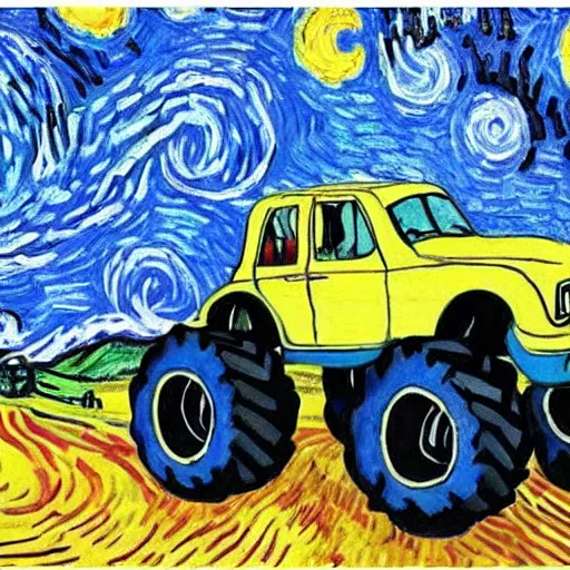 Prompt: monster truck, painted by van gogh