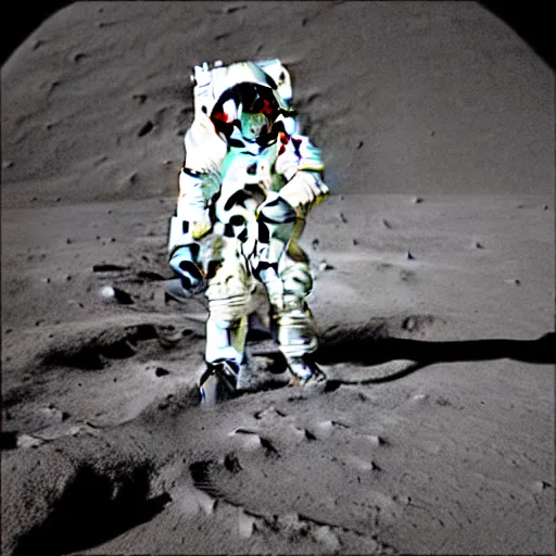 Prompt: Apollo astronaught walks along the Moon\'s surface with the Earth clearly visible in the sky.