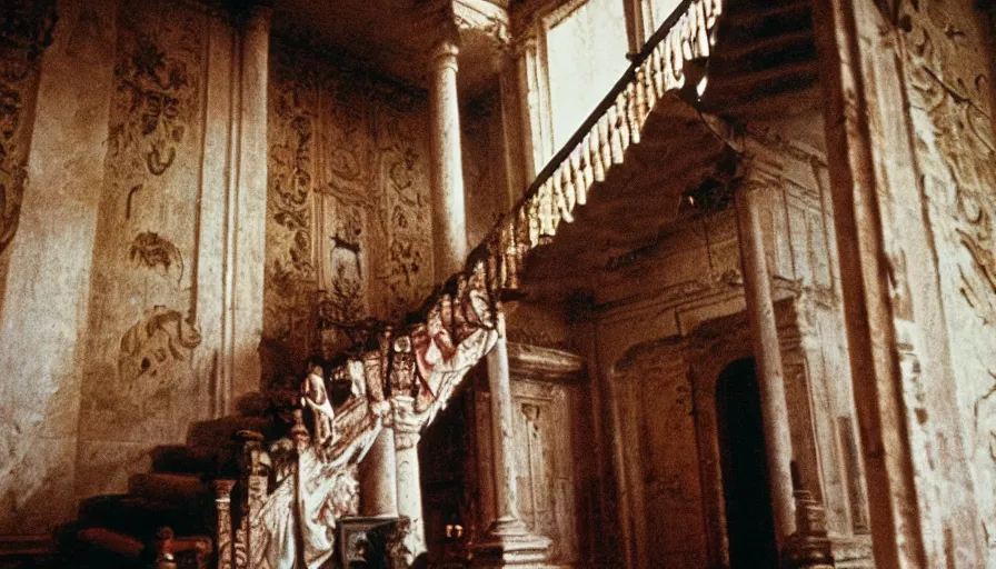 Image similar to movie still by tarkovsky of caligula poniard to death by senators on ancient stairs blood flowing, cinestill 8 0 0 t 3 5 mm, high quality, heavy grain, high detail, dramatic light, ultra wide lens, anamorphic